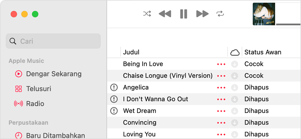 App Apple Music yang menampilkan status awan di sebelah lagu
