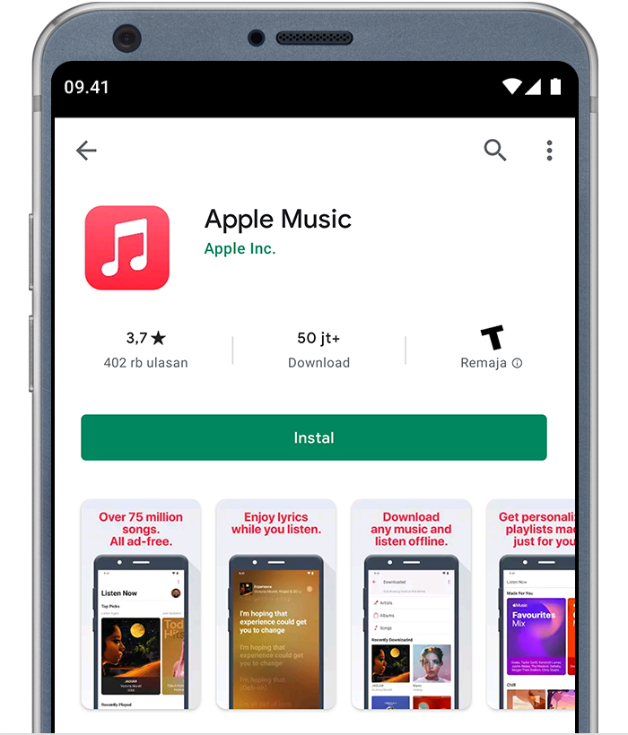 Ponsel Android menampilkan app Apple Music di Google Play