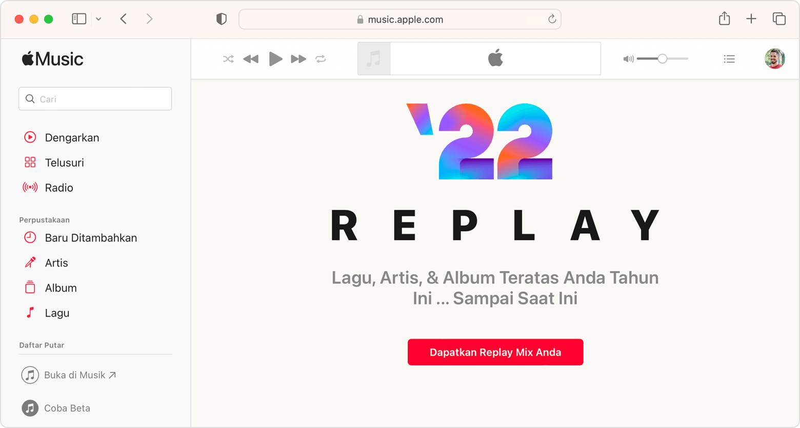 Jendela Safari menampilkan tombol Dapatkan Replay Mix Anda di replay.apple.com