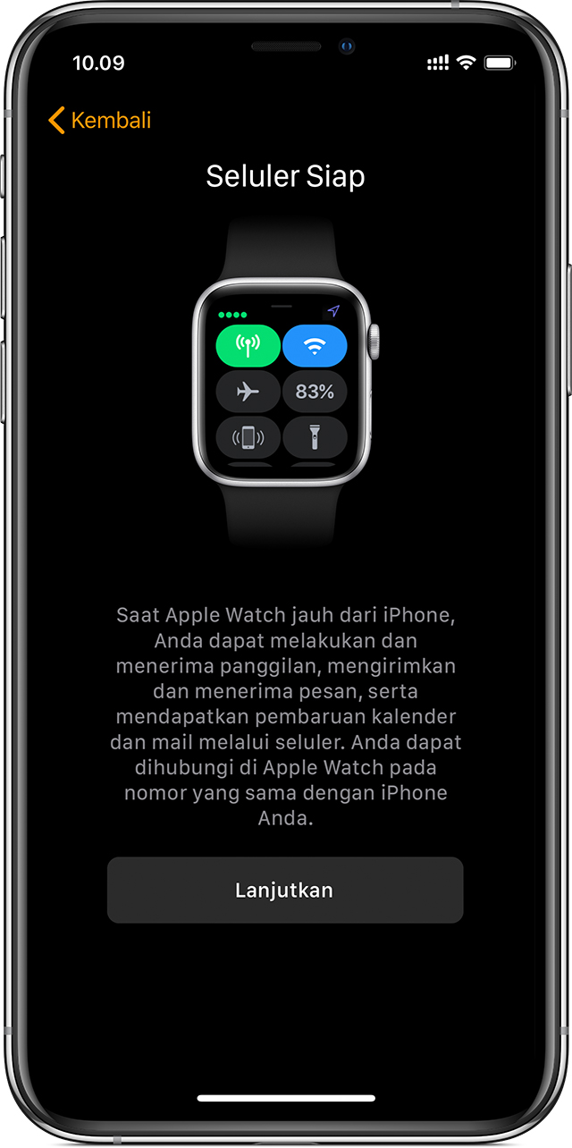 Layar pengaturan seluler di iPhone menampilkan seluler siap digunakan di Apple Watch.