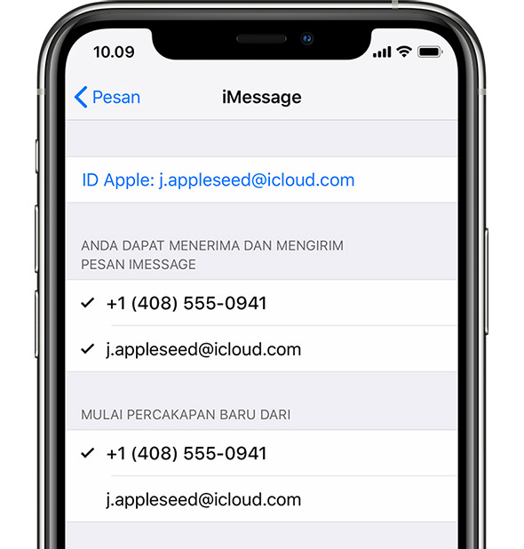 John Appleseed masuk ke iMessage dengan ID Apple.