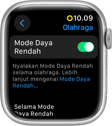 Apple Watch menampilkan Mode Daya Rendah dalam pengaturan Olahraga