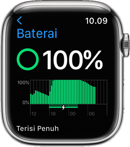 Apple Watch menampilkan detail pengisian daya di app Pengaturan