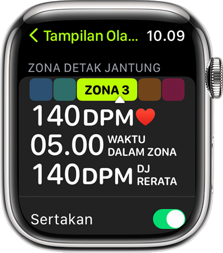 Apple Watch yang menampilkan metrik Zona Detak Jantung selama berlari