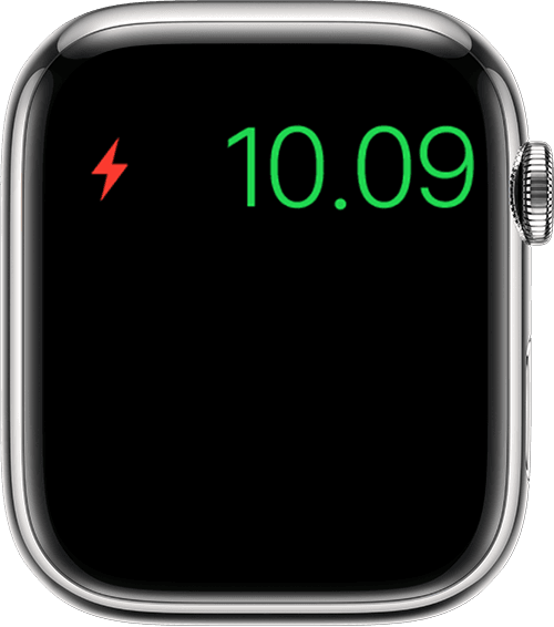 Apple Watch menampilkan ikon baterai lemah di bagian atas layar