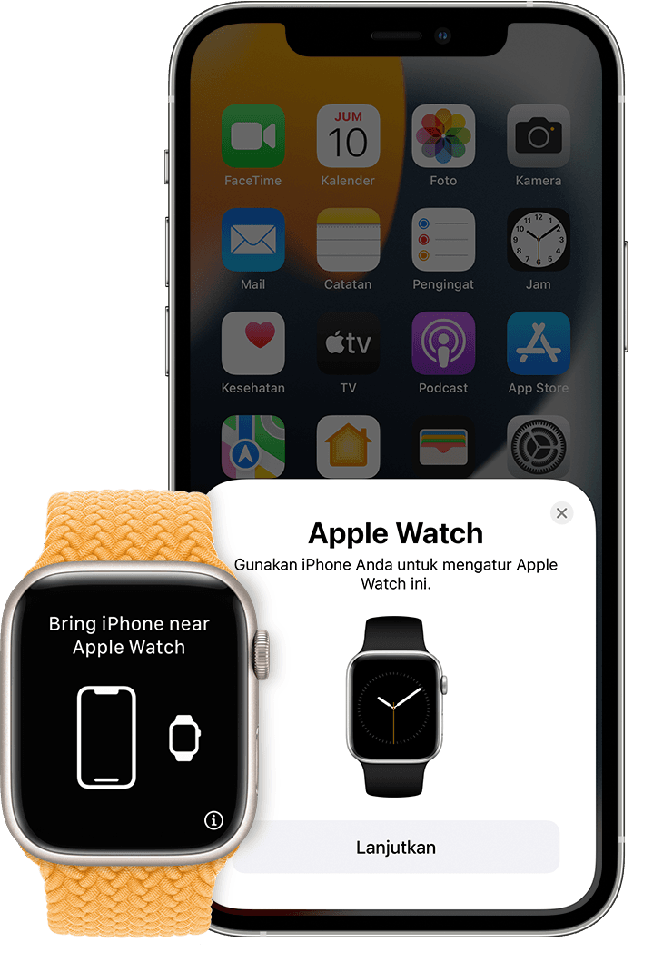 iPhone dan Apple Watch menampilkan layar pemasangan