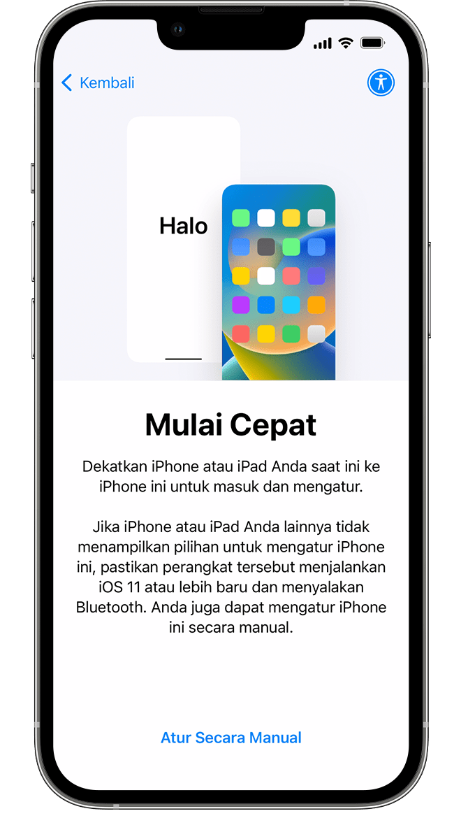 iPhone baru yang menampilkan Layar Mulai Cepat. Petunjuknya mengarahkan Anda untuk mendekatkan perangkat baru ke perangkat lama.