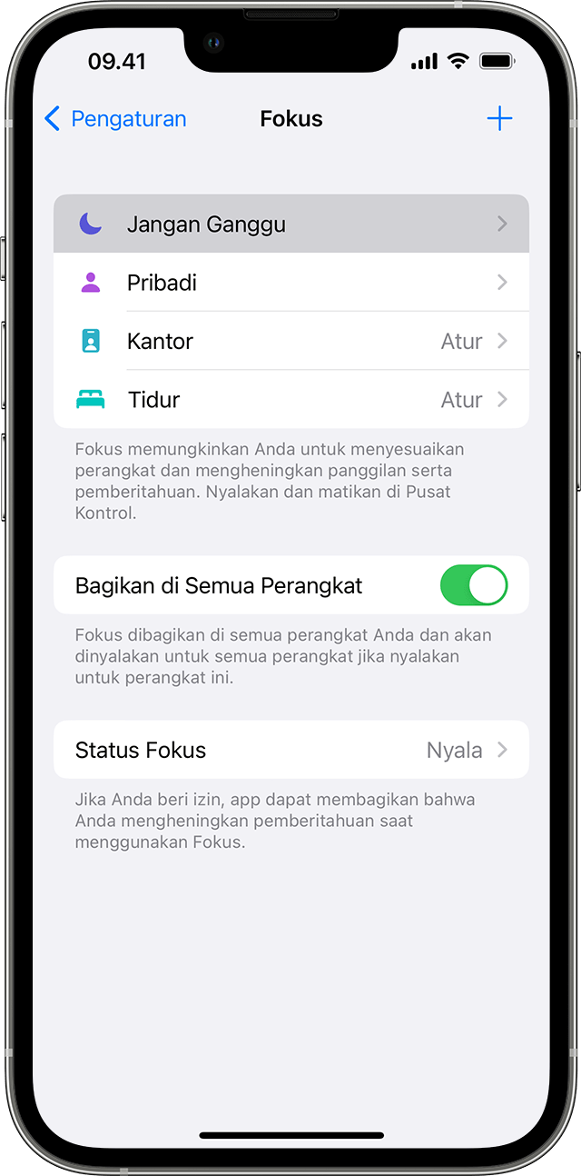 Layar iPhone menampilkan cara menyalakan Jangan Ganggu
