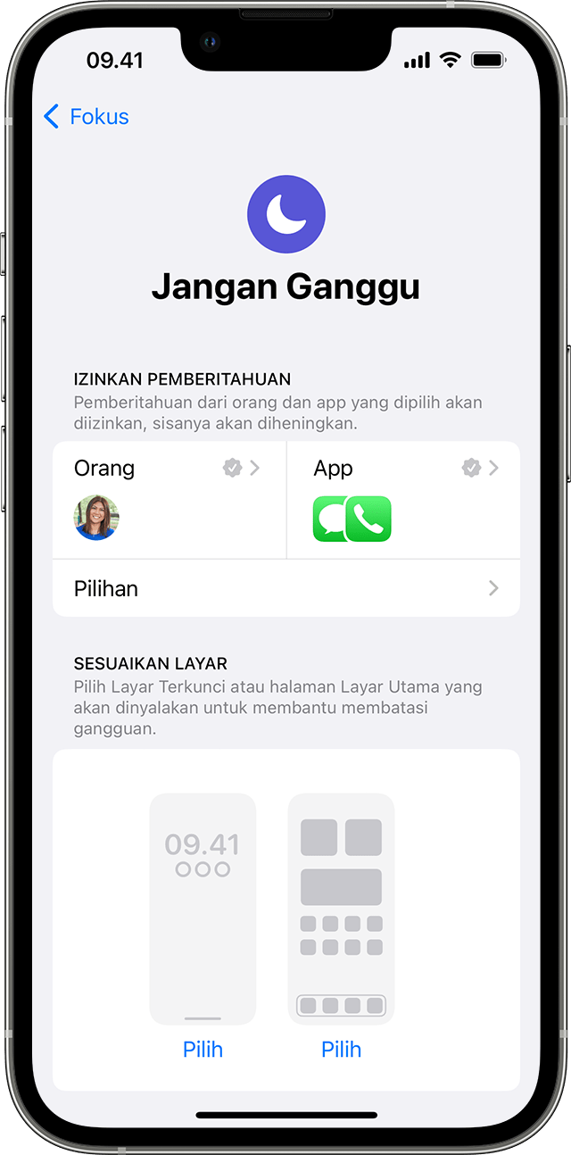 Layar iPhone menampilkan cara menyesuaikan pengaturan Jangan Ganggu