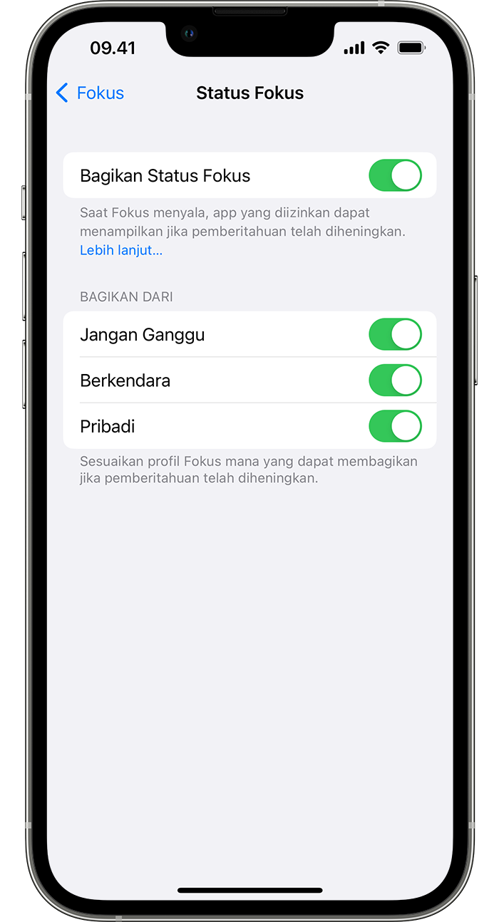 iPhone menampilkan cara menyalakan Status Fokus