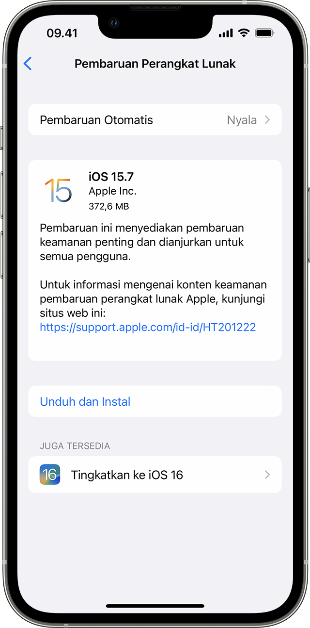 App Pengaturan di iPhone menampilkan pilihan untuk memperbarui ke iOS 15.7 atau iOS 16.
