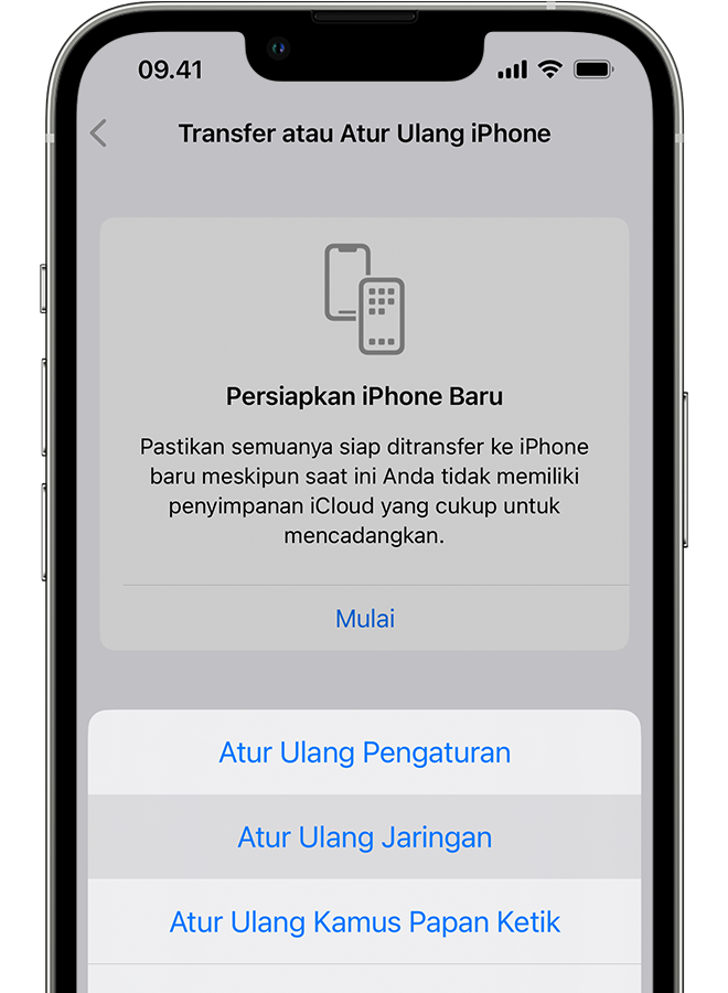 iPhone menampilkan layar Transfer atau Atur Ulang iPhone. 