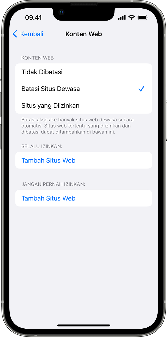 iPhone menampilkan layar Konten Web. Di Konten Web, pilihan Batasi Situs Web Dewasa dipilih dengan tanda centang di sampingnya.