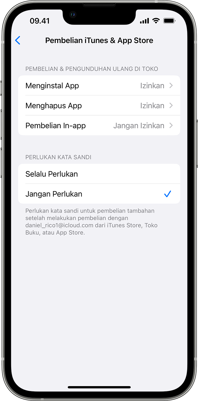 iPhone menampilkan layar Pembelian iTunes & App Store. Dalam Perlukan Kata Sandi, pilihan Jangan Perlukan dipilih dengan tanda centang di sampingnya.