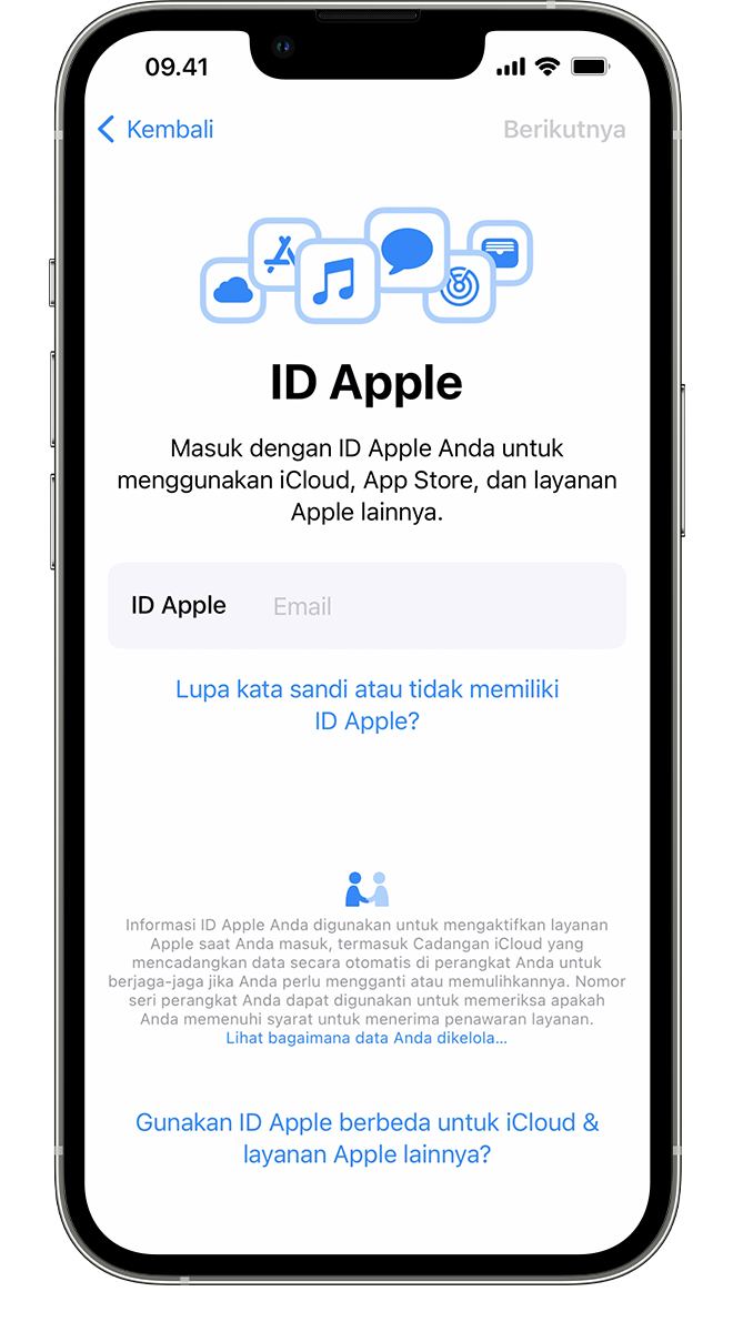 iPhone baru menampilkan layar ID Apple, yaitu tempat Anda dapat masuk dengan ID Apple dan kata sandi.