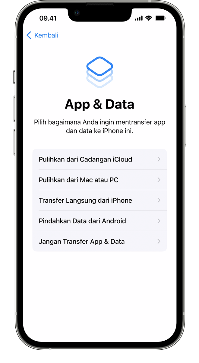 iPhone baru menampilkan layar App & Data, yaitu tempat Anda dapat memilih cara mentransfer data ke perangkat ini.