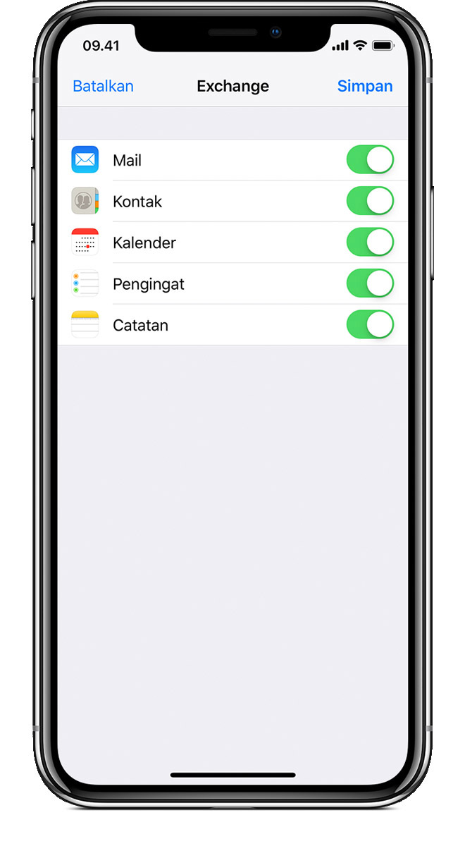 Layar terakhir untuk memilih pilihan akun saat menambahkan akun Exchange ke perangkat iOS