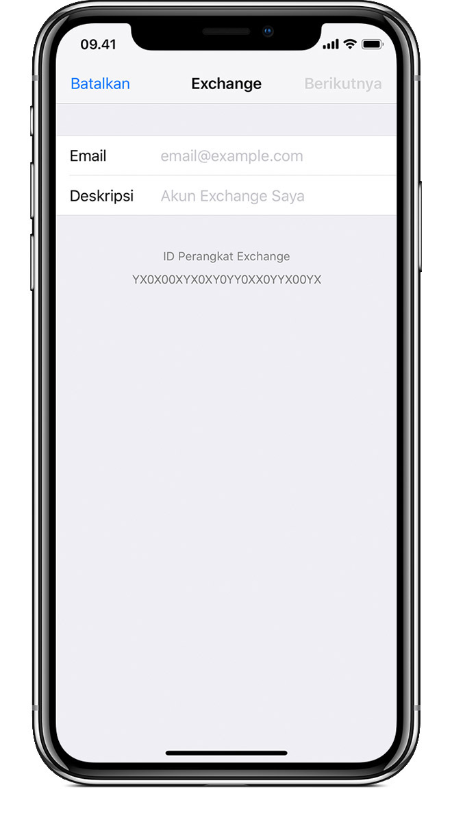 Layar tambahkan akun Exchange pada perangkat iOS
