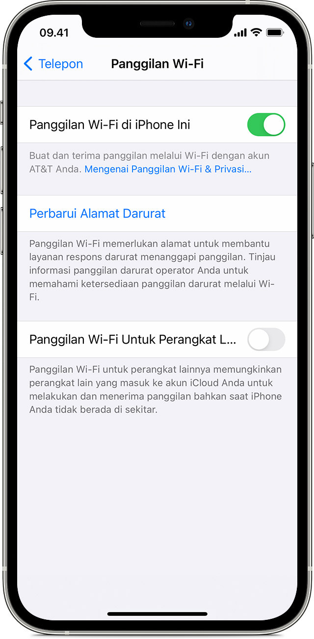 iPhone menampilkan layar Panggilan Wi-Fi, dengan Wi-Fi Calling on This Phone (Panggilan Wi-Fi di Telepon Ini) dinyalakan.