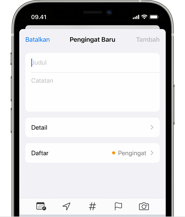 iPhone menampilkan layar Pengingat Baru, tempat Anda dapat menambahkan judul, catatan, dan detail lainnya untuk membuat pengingat.
