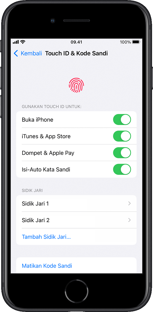 Di Pengaturan, pengguna memilih fitur iPhone yang akan diaktifkan dengan Touch ID