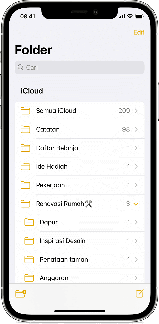 iPhone menunjukkan cara membuat folder di app Catatan.