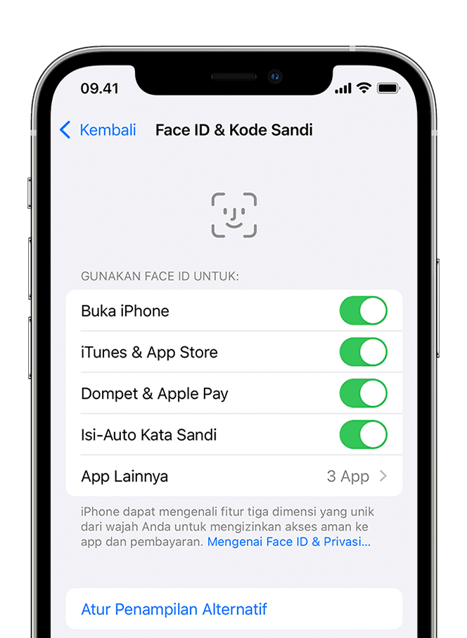 iPhone menampilkan layar di Pengaturan > Face ID & Kode Sandi.” width=”332″>
          </p>
</p></div>
<div class=