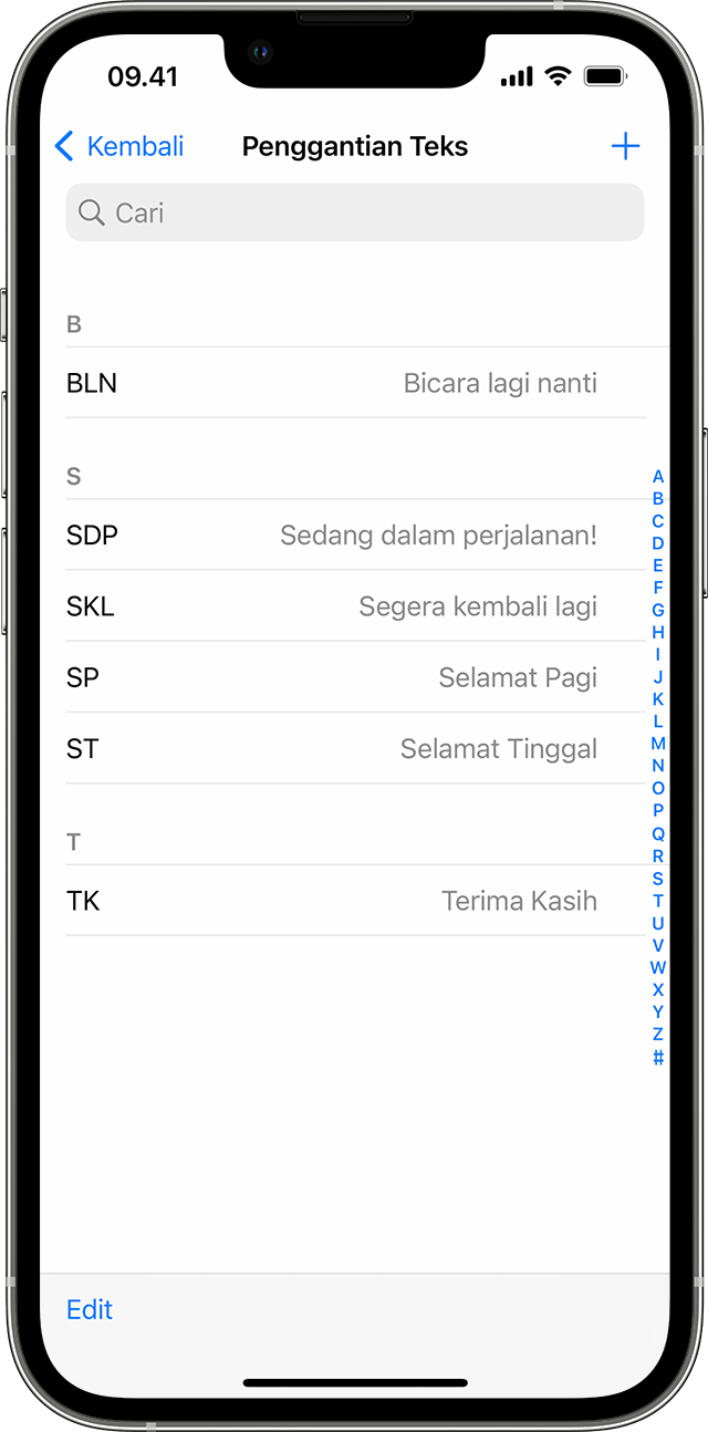 Layar iPhone menampilkan cara menggunakan penggantian teks