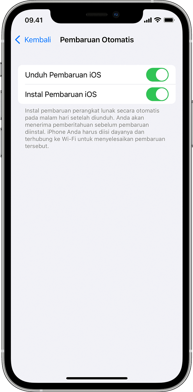 Halaman Pembaruan Otomatis di Pengaturan di iPhone menampilkan pilihan untuk mengunduh dan menginstal otomatis pembaruan iOS.