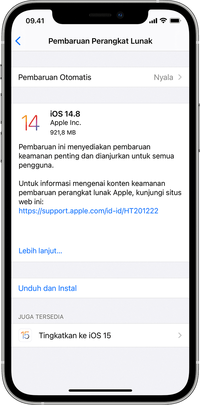 App Pengaturan di iPhone menampilkan pilihan untuk memperbarui ke iOS 14.8 atau iOS 15.