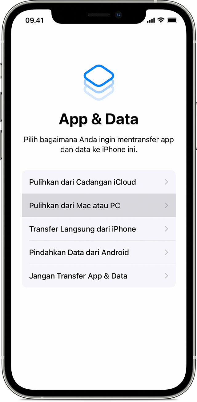 iPhone menampilkan layar App & Data dengan 