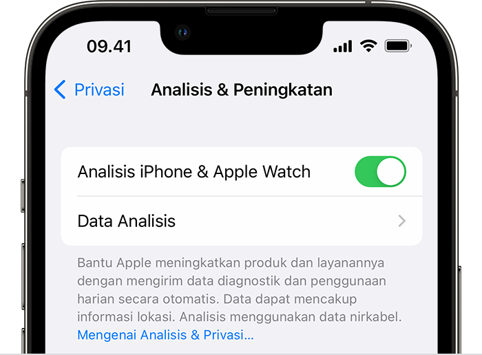 iPhone yang menampilkan pilihan Analisis & Peningkatan, dengan Analisis iPhone & Apple Watch dinyalakan.