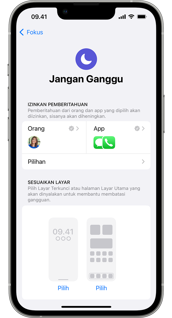 Layar iPhone yang menampilkan pengaturan Fokus Jangan Ganggu.