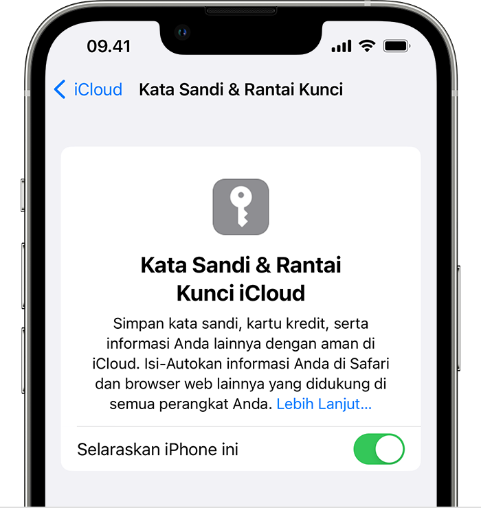 Di iPhone, nyalakan Rantai Kunci iCloud di Pengaturan