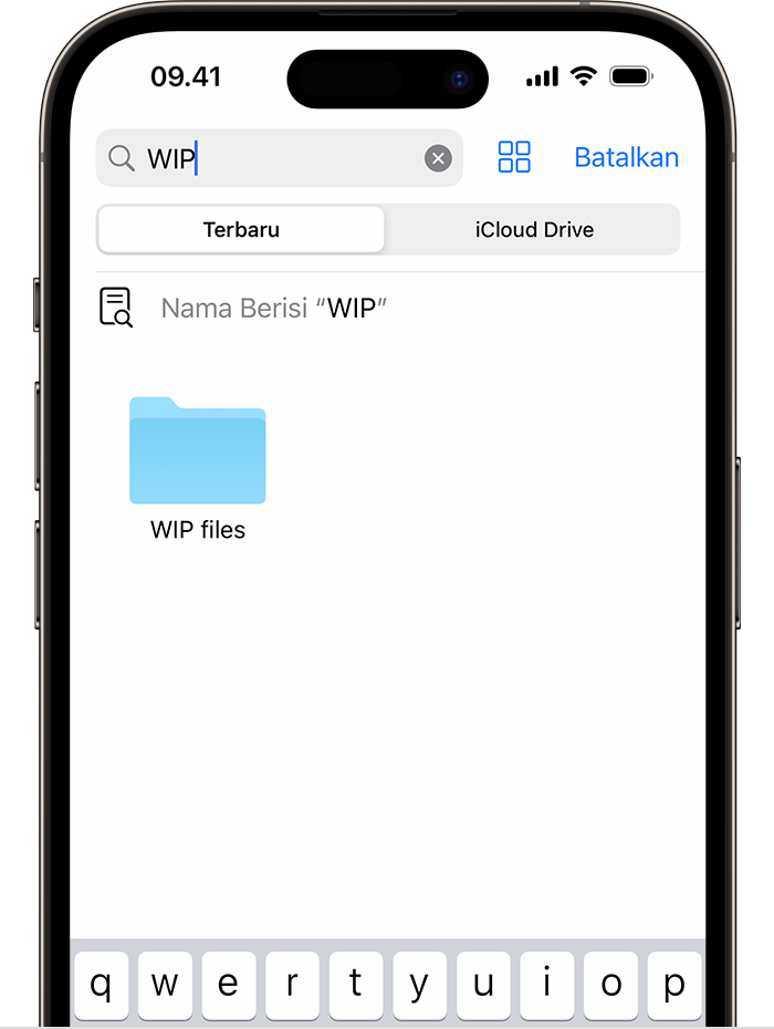 Gambar app File di iPhone yang menampilkan pencarian untuk “WIP” dan ikon folder “file WIP” pada layar di bawah. 