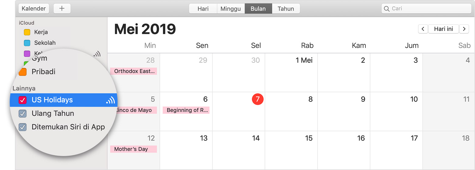 Kalender iCloud dengan kalender berlangganan dipilih