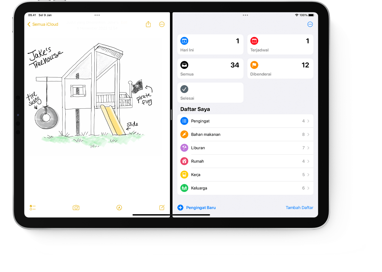 Layar iPad yang menampilkan dua app dalam Split View