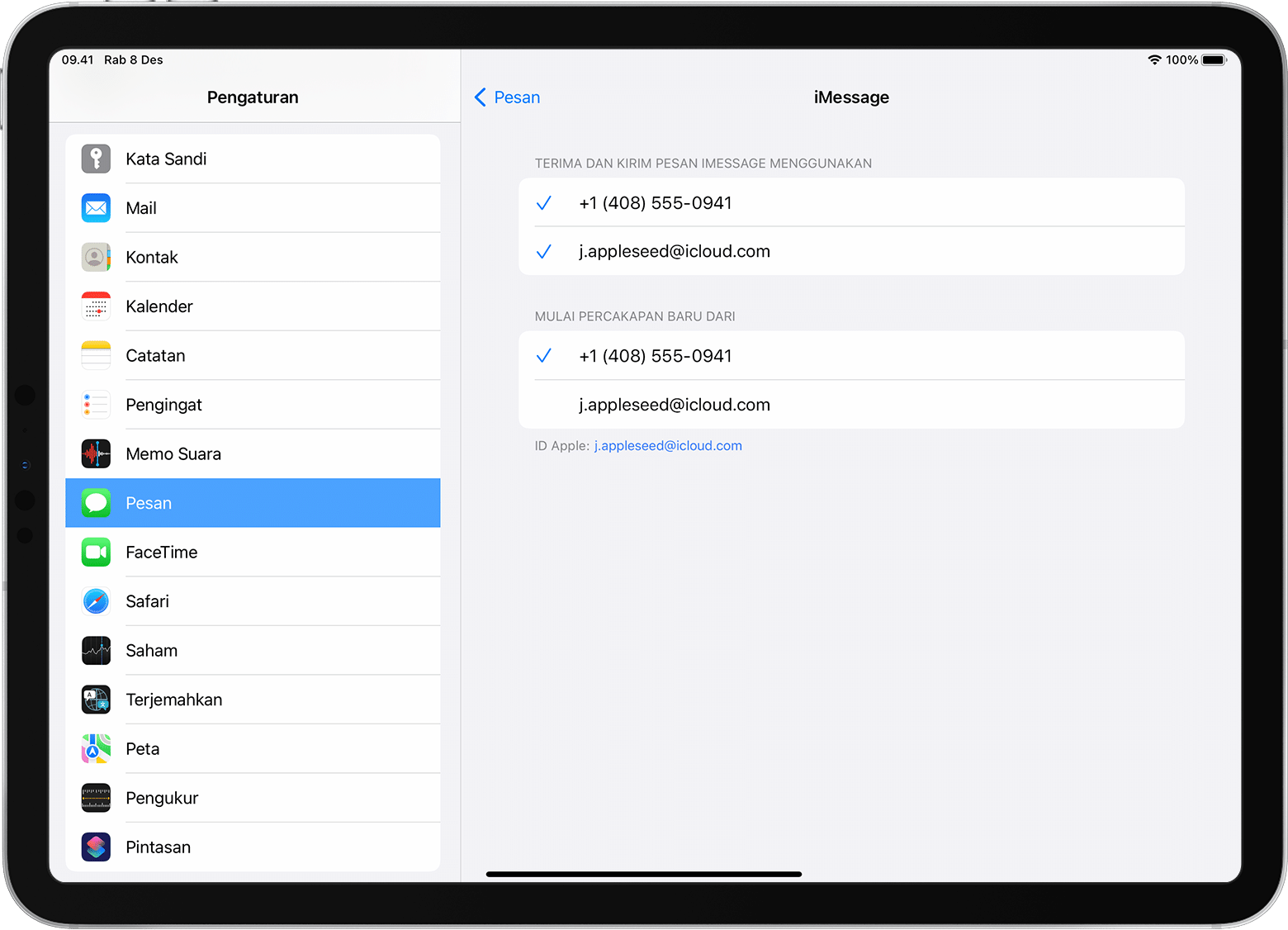 iPad menampilkan cara menyalakan atau mematikan nomor telepon Anda