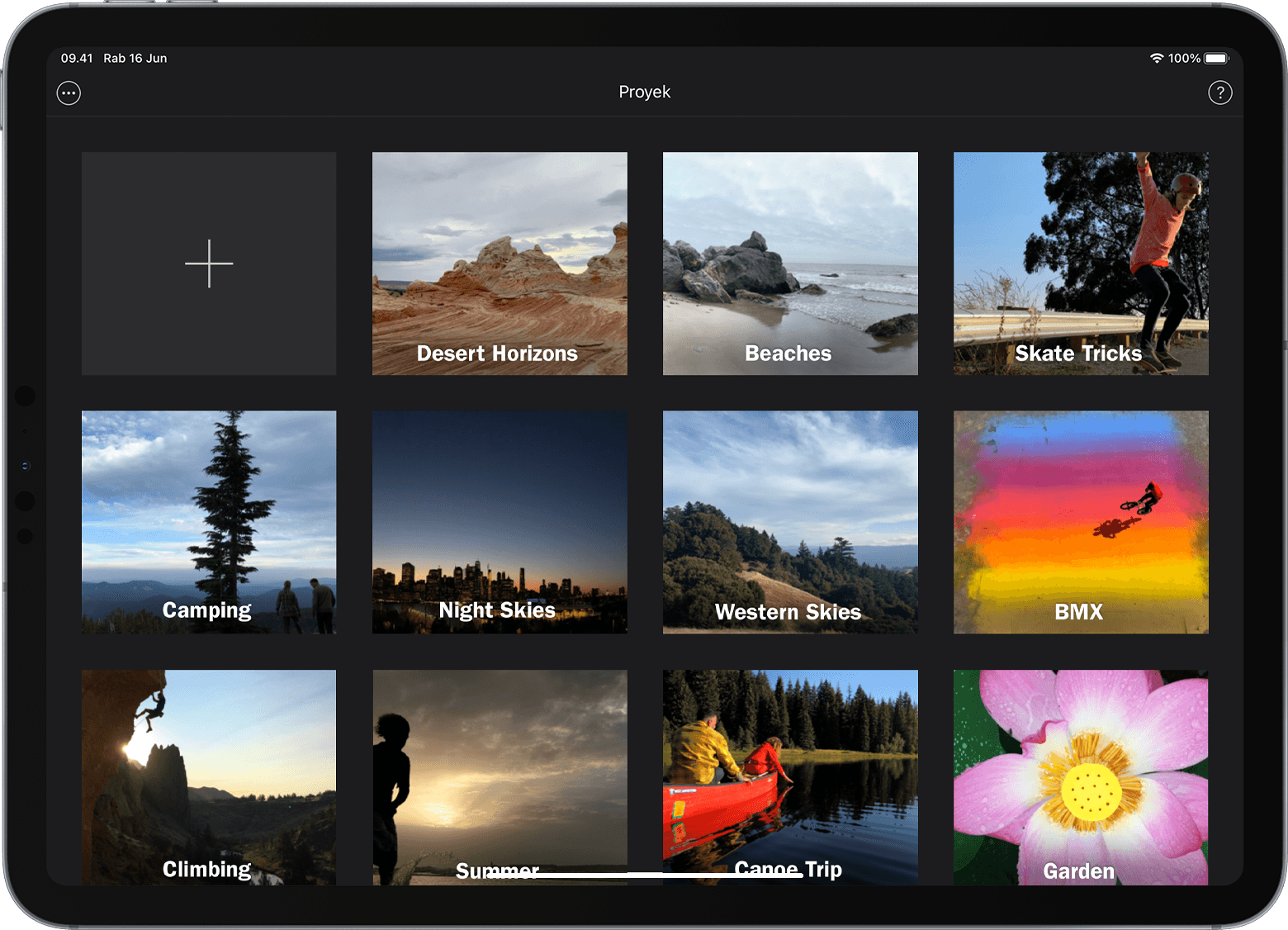 Layar galeri proyek iMovie di iPad