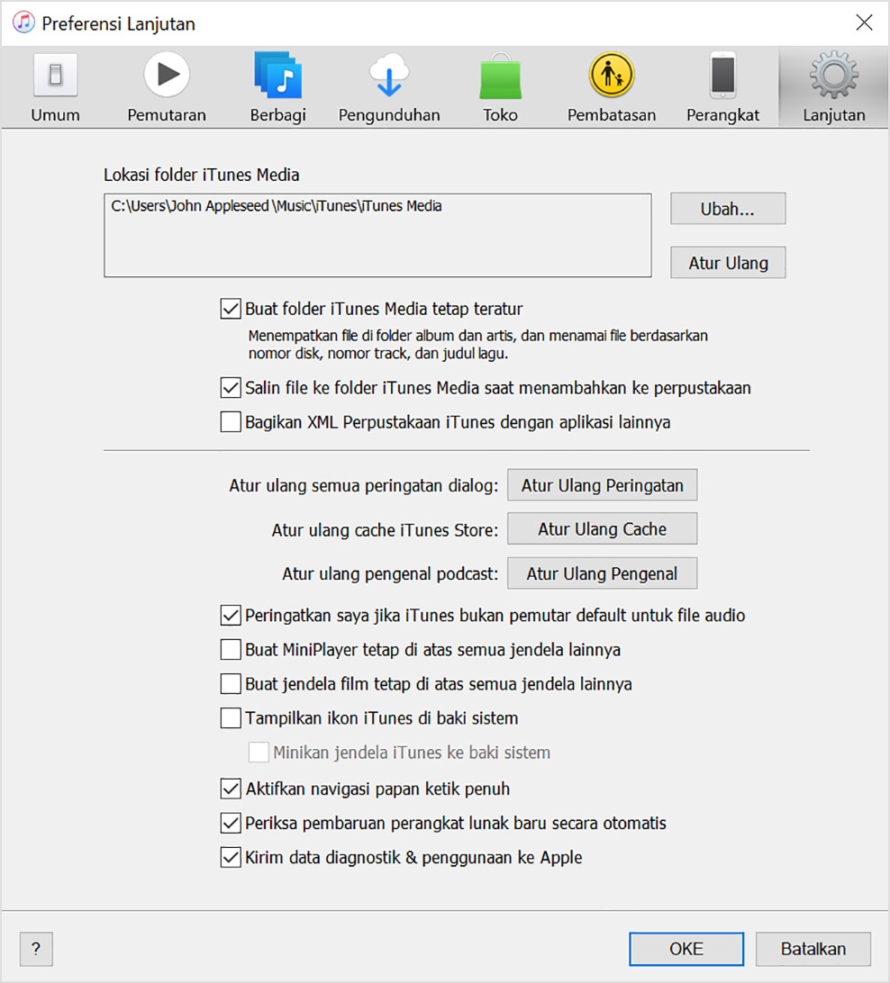 Layar Preferensi lanjutan menampilkan Lokasi folder Media iTunes