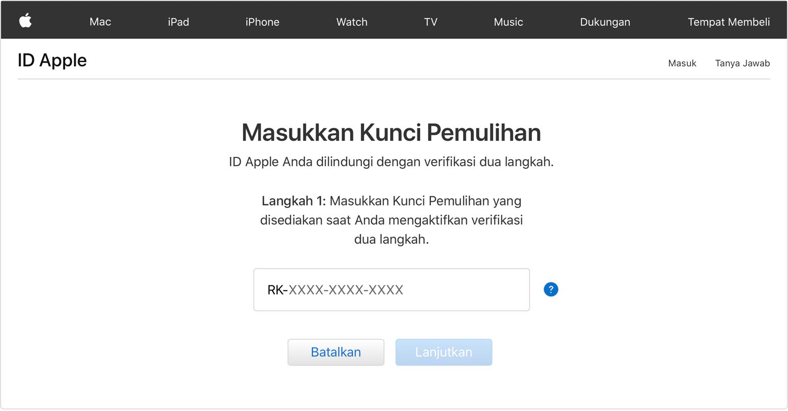 Layar ID Apple menampilkan Masukkan Kunci Pemulihan