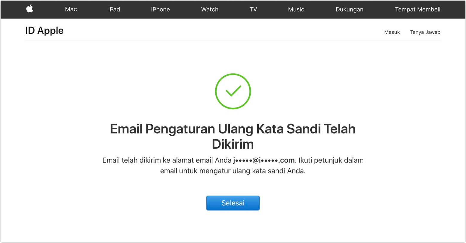 Layar ID Apple menampilkan Email Pengaturan Ulang Kata Sandi Terkirim