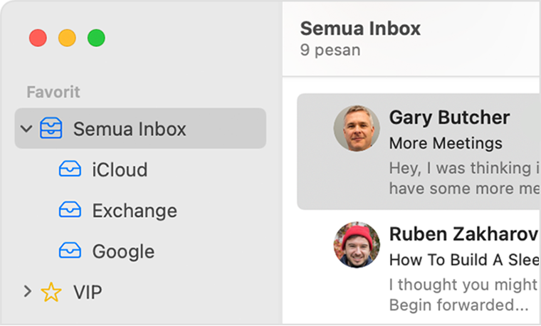 Jendela Mail macOS dengan tampilan Semua Inbox