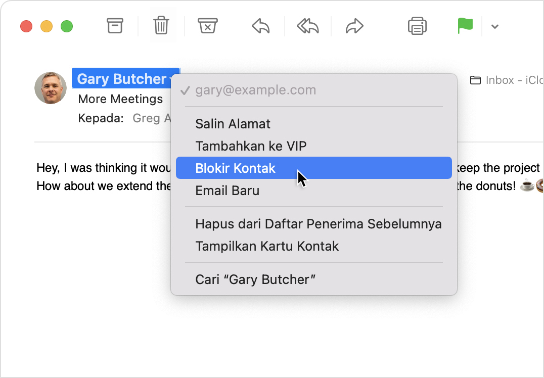 Menu pengirim di Mail macOS dengan Blokir Kontak yang dipilih