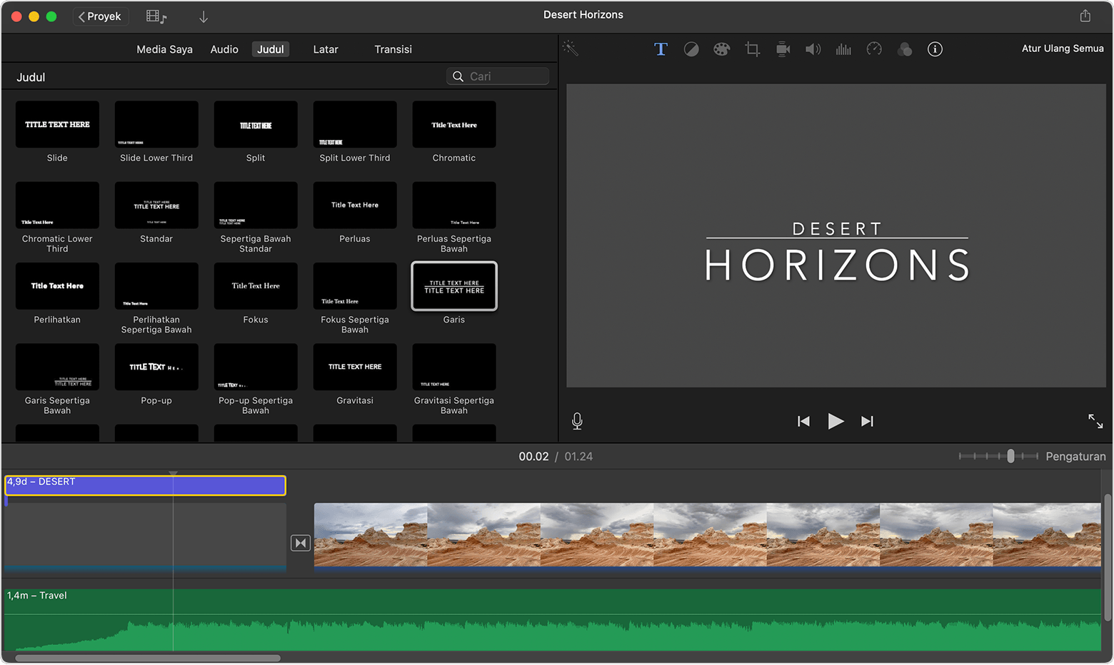 Proyek iMovie Mac dengan pemeriksa judul terbuka