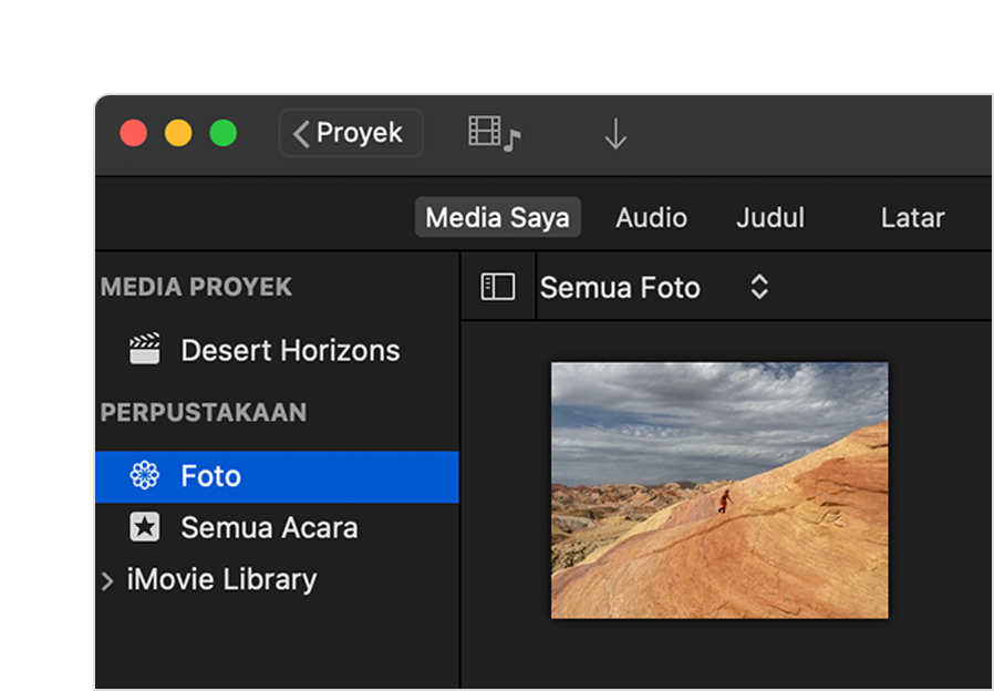 Proyek iMovie Mac dengan browser Media Saya terbuka