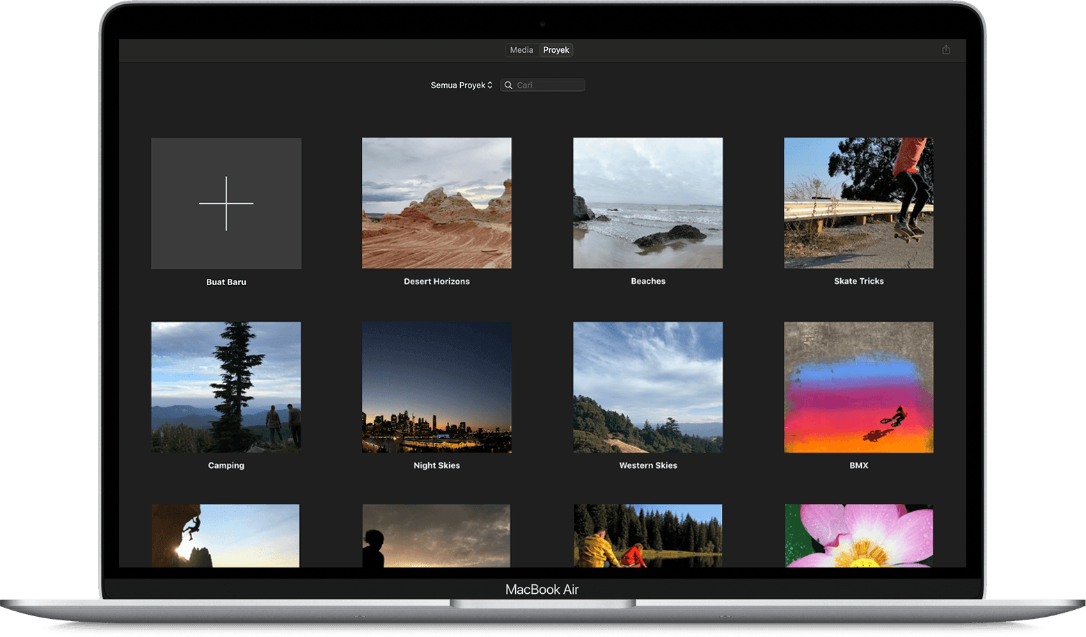 Layar galeri Proyek iMovie di Mac