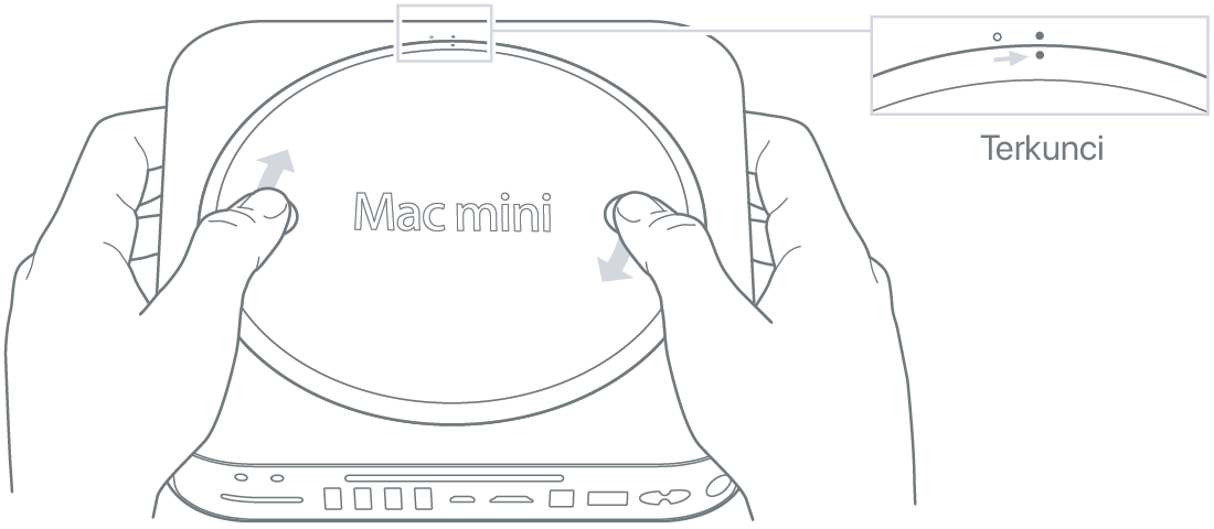 Bagian bawah Mac mini menampilkan penutup bagian bawah dalam posisi terkunci