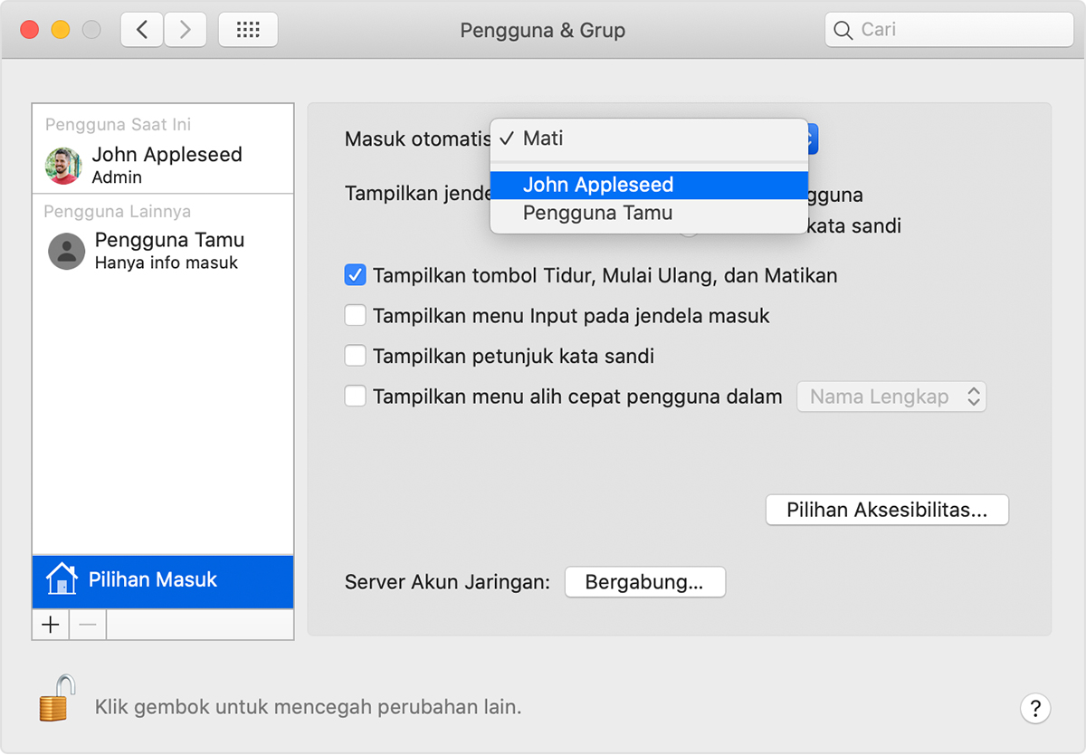 Mengatur Agar Mac Secara Otomatis Masuk Saat Pengaktifan Apple Support Id