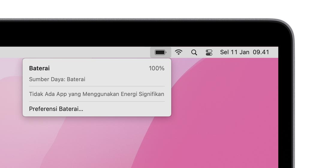 Bar menu macOS dengan menu baterai dibuka